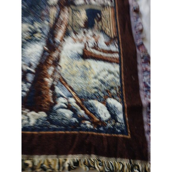 Crown Crafts Winter Scene Sleigh Ride Farm House Throw Blanket Tapestry Vintage - Picture 3 of 14